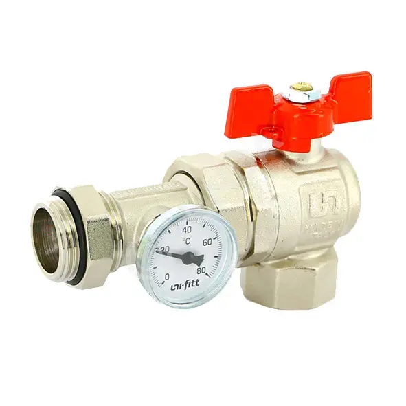 Шаровой кран латунный, для коллектора, с термометром, угловой, Uni-Fitt ...