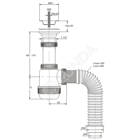 Сифон для раковины «МИНИ Элит» с нержавеющей чашкой и гибкой трубой ...