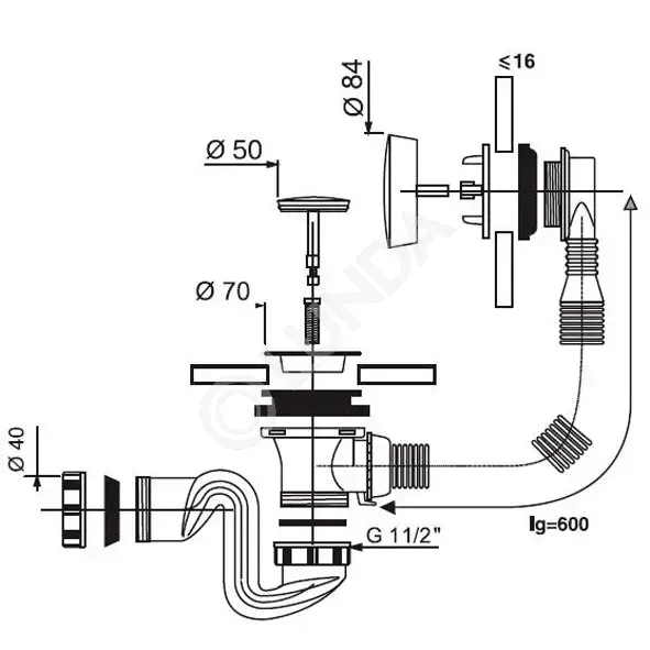 Слив-перелив для ванны, полуавтоматический, с тросом и сифоном, Wirquin ...