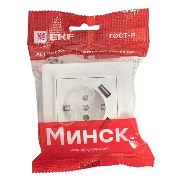 Минск Розетка 1-местная СП с/з 16А белая с защ, штор, с 2 USB 2,1А EKF